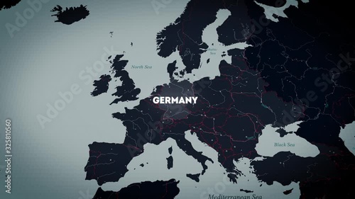 The territory of Germany on a dark background with blinking small dots. The camera rise up and we see the regions other countries. Detailed map of Europe with red borders of other countries.