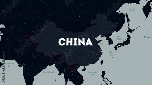The territory of China on a dark background. Detailed map of Asia with red borders, areas and small dots. Сountries  contains big cities and capitals.