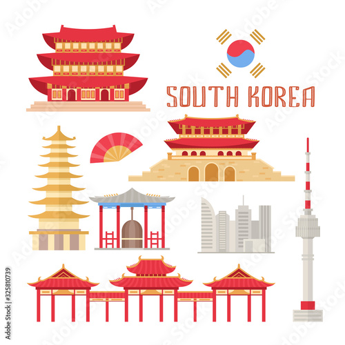 South Korea showplace flat vector illustration. Korean buildings and traditional attributes, Eastern culture items set. Buddhist temples and architecture memos isolated on white background.