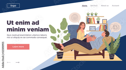 Patient counseling with psychologist vector illustration. Psychotherapy session concept with adult woman mental therapist. Man dealing with stress and depression