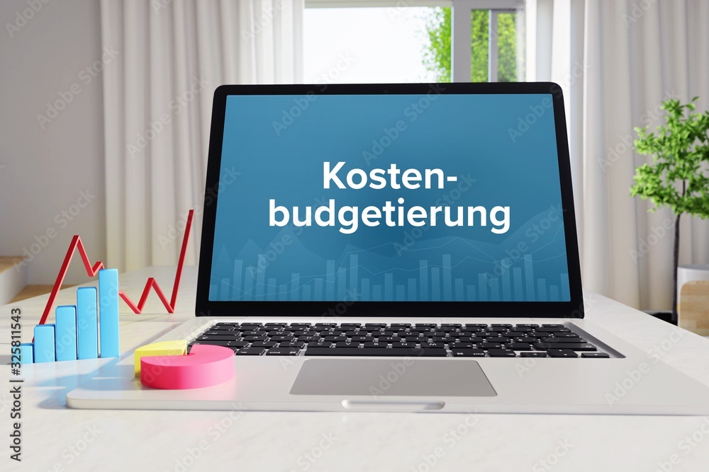 Kostenbudgetierung – Business/Statistik. Laptop im Büro mit Begriff auf dem Monitor. Finanzen/Wirtschaft. - obrazy, fototapety, plakaty 