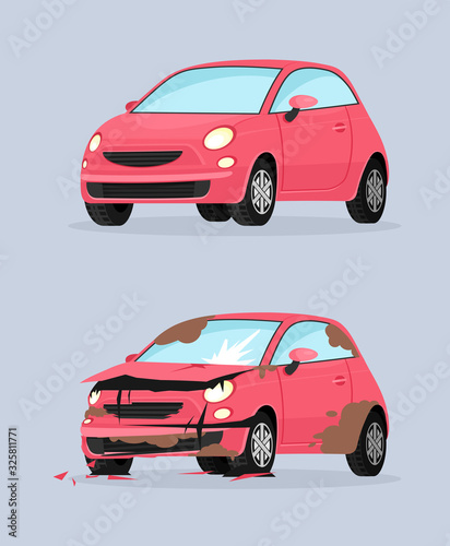 Car crash flat vector illustration. Traffic accident, front collision consequence, vehicle damage. Automobile bumper deformation, broken transport, machines isolated on blue background.