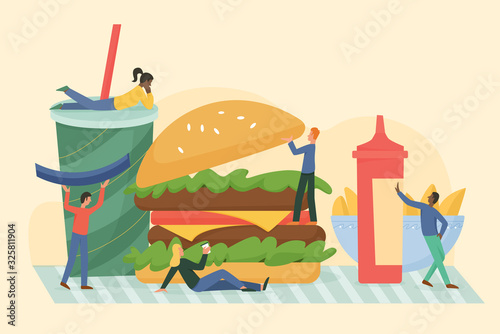 Group of young tiny diverse people interacting with huge big hamburger, french fries with ketchup, soda drink. Male female characters enjoying love fast street food, cartoon vector illustration.
