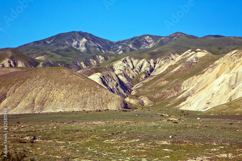 Mountains in Xizi, Azerbaijan. Colorful hills . olorful geological formations . striped hills .Steppe high mountains like marsian peisage . photo