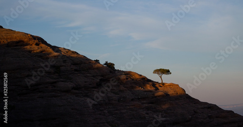Colina de piedra con árbol solitario y cielo azul