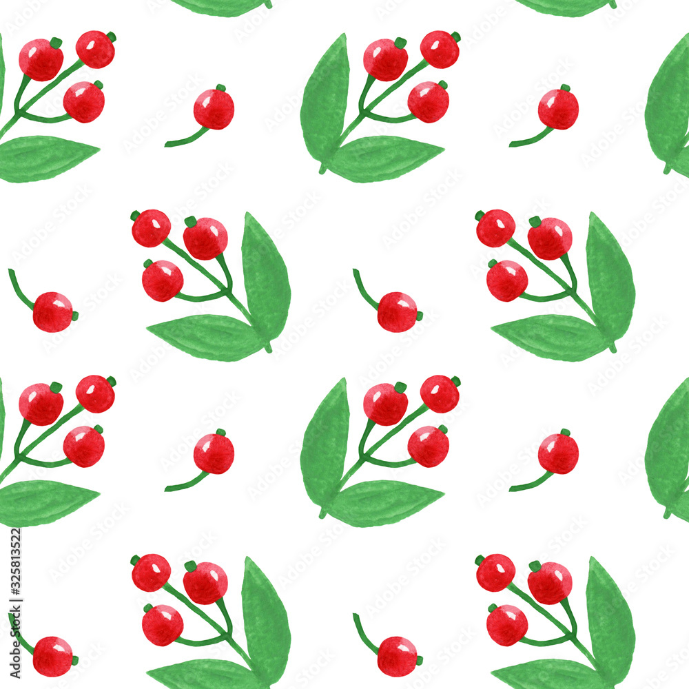 Watercolor seamless pattern with red berry and green leaf Watercolor seamless pattern with red berry and green leaf