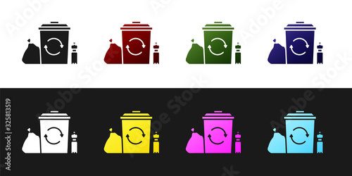 Set Recycle bin with recycle symbol icon isolated on black and white background. Trash can icon. Garbage bin sign. Recycle basket. Vector Illustration