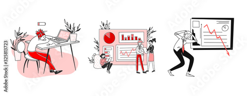 Business errors set. Manager sleeping at workplace, losing money, low battery. Flat vector illustrations. Analysis, finance, crisis concept for banner, website design or landing web page