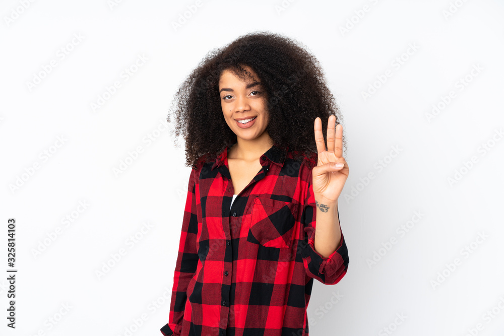 Young african american woman over isolated background happy and counting three with fingers Young african american woman over isolated background happy and counting three with fingers