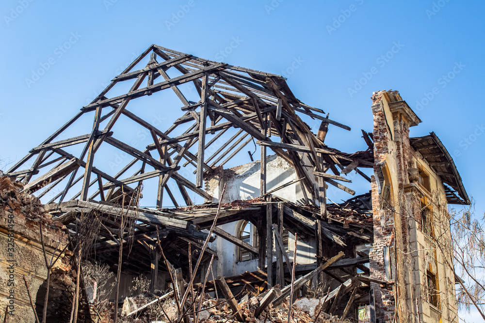 The remains of one of the magnificent buildings of the so-called Tobacco City. Architectural Heritage from the Beginning of the 20th Century. Abandoned, burned and doomed to ruin. Plovdiv, Bulgaria. The remains of one of the magnificent buildings of the so-called Tobacco City. Architectural Heritage from the Beginning of the 20th Century. Abandoned, burned and doomed to ruin. Plovdiv, Bulgaria.