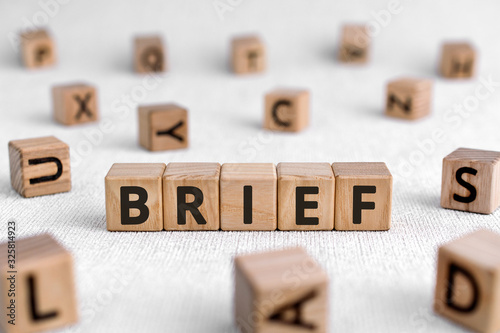 Brief - words from wooden blocks with letters, of short duration instruct or inform brief concept, white background photo