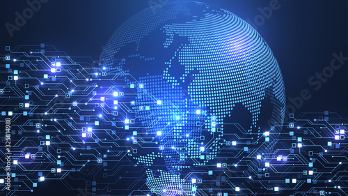 Technology abstract circuit board texture background. Global network connection concept. High-tech futuristic circuit board banner wallpaper. Engineering electronic motherboard. Vector illustration