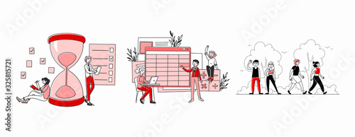 Work, studying, recreation set. People planning tasks, answering in class, hiking outdoors. Flat vector illustrations. Lifestyle, balance concept for banner, website design or landing web page