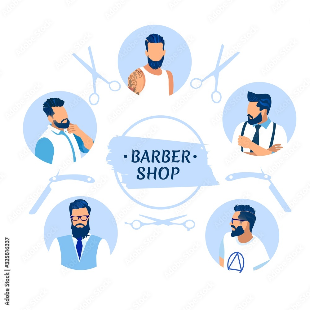 Barber Shop Banner with Different Men Characters and Haircut Tools as Straight Razor and Scissors Isolated on White Background. Fashioned Bearded Hipster Avatar Guys Cartoon Flat Vector Illustration Barber Shop Banner with Different Men Characters and Haircut Tools as Straight Razor and Scissors Isolated on White Background. Fashioned Bearded Hipster Avatar Guys Cartoon Flat Vector Illustration