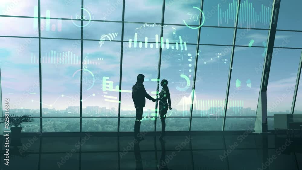 Silhouettes of shaking hands surrounded by infographics. Silhouettes of shaking hands surrounded by infographics.