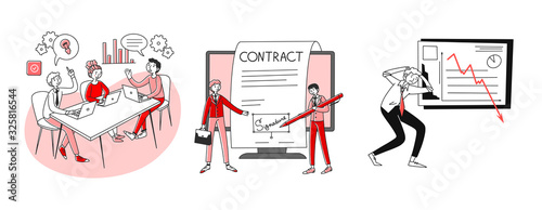 Partnership and loss set. Businesspeople brainstorming, signing contract, losing money. Flat vector illustrations. Business, failure, crisis concept for banner, website design or landing web page