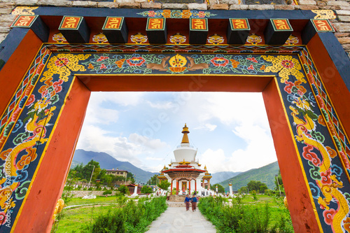 View from the front gate of National Memorial Chorten in Thimphu, Bhutan, The mantra script words on the building are used to promote peace, compassion, strength, and wisdom. photo