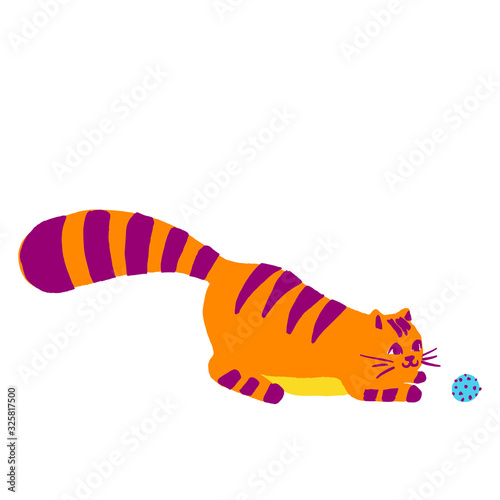 Cute striped orange playing cat in a flat cartoon style. Vector