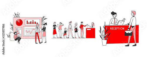Checkout ant reception set. Customers standing at desks, counters, analyzing graphs. Flat vector illustrations. Consulting, service concept for banner, website design or landing web page