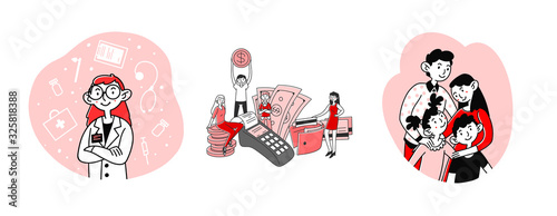 Medical support, cashback set. People getting money, family, doctor. Flat vector illustrations. Medicine, healthcare, insurance, finance concept for banner, website design or landing web page