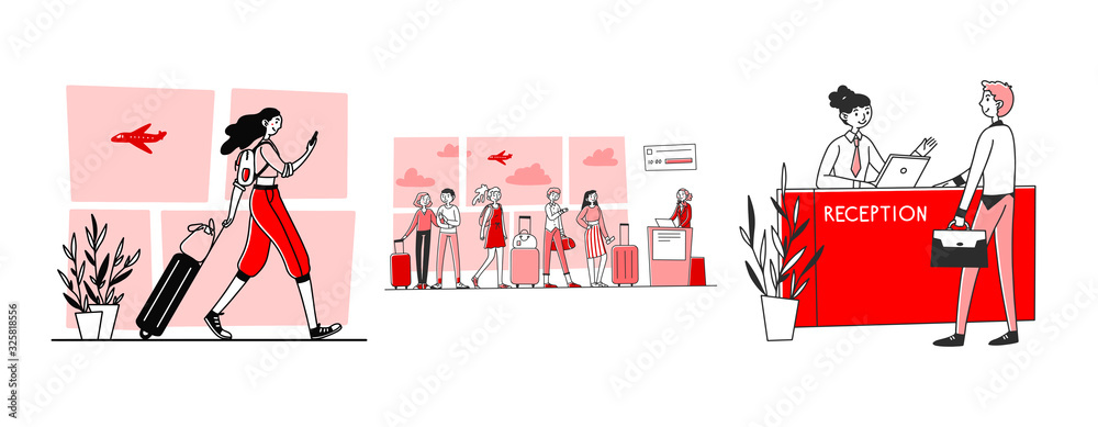 Tourists in airport set. Passengers wheeling luggage, queue, reception. Flat vector illustrations. Travel, vacation, check in to flight concept for banner, website design or landing web page - obrazy, fototapety, plakaty 