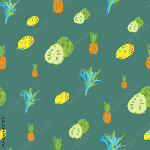 Fruits and Succulents-Fruit Delight. Modern pattern of pineapple anona lemons and succulents . Pattern in green,yellow,Orange and blue. Fun Pattern background. Perfect for Fabric, Scrapbook,wallpaper.