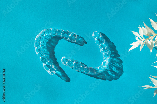 Invisible aligners teeth brackets on blue background with flower
