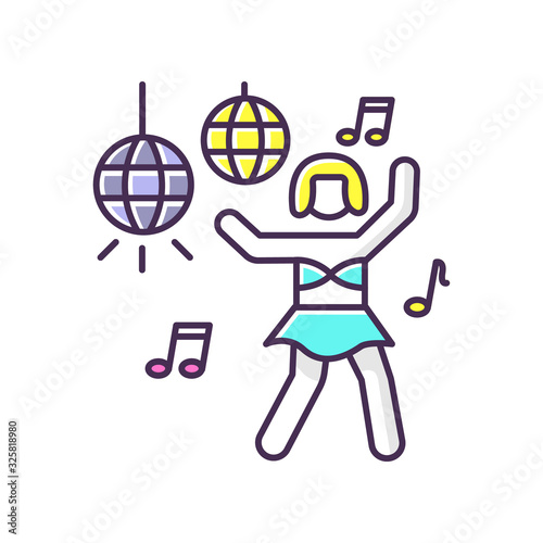 Go go dancer RGB color icon. Trendy night club recreation, rave party. Entertainment venue performer. Energizing dancer, young clubber dancing on nightclub stage isolated vector illustration
