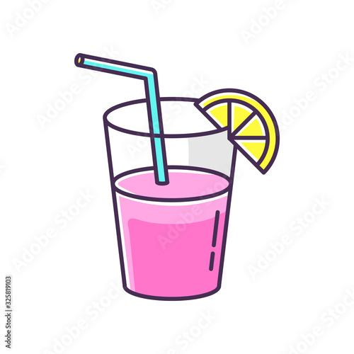 Long drink, cocktail RGB color icon. Night club, bar, drinking establishment. Delicious refreshment, cold lemonade. Alcohol beverage with straw and lemon slice isolated vector illustration