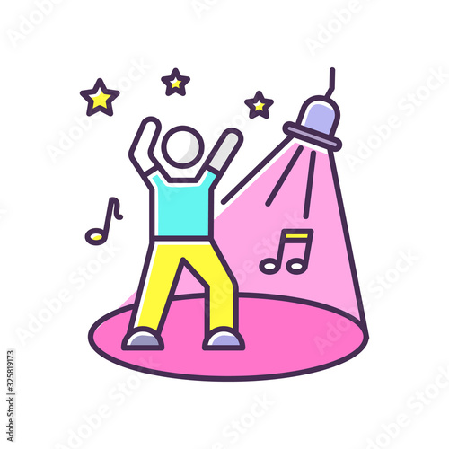 Discotheque RGB color icon. Night club recreation, active leisure, late night party. Nightclub entertainment. Young clubber on dance floor, dancing in spotlight isolated vector illustration