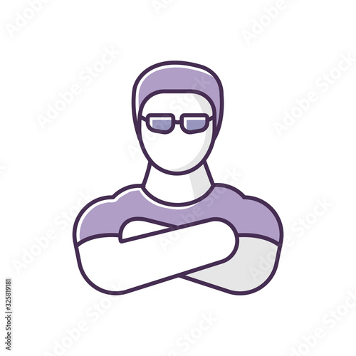 Nightclub security guard RGB color icon. Entertainment venue, night club face control. Professional bouncer with crossed arms, strong bodyguard in sunglasses isolated vector illustration