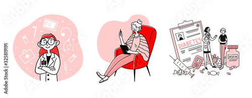 Examination and healthcare set. Patient with diabetes visiting doctor, senior woman. Flat vector illustrations. Medical support, treatment concept for banner, website design or landing web page