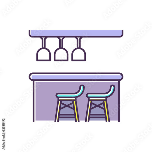 Bar counter RGB color icon. Entertainment venue, night club, bar, pub, drinking establishment furniture. Bartender occupation symbol. Alcohol drinks serving. Isolated vector illustration