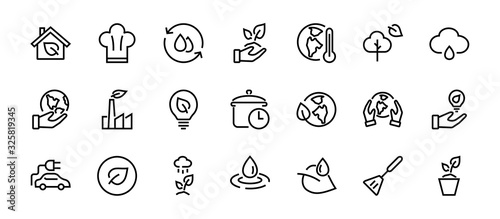 Set of icons on the theme of Ecology, vector lines, contains icons such as electric car, global warming, forest, eco, watering plants and much more. Editable stroke, White background.