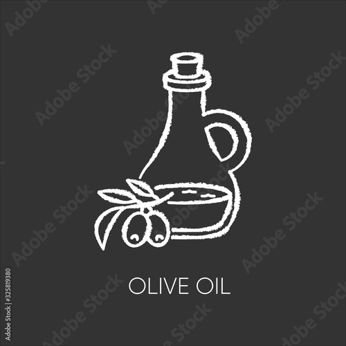 Olive oil chalk white icon on black background. Vegan component. Exfoliating and moisturizing effect for skincare. Traditional food seasoning. Extra virgin oil. Isolated vector chalkboard illustration