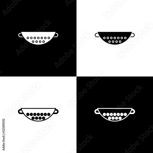 Set Kitchen colander icon isolated on black and white background. Cooking utensil. Cutlery sign. Vector Illustration