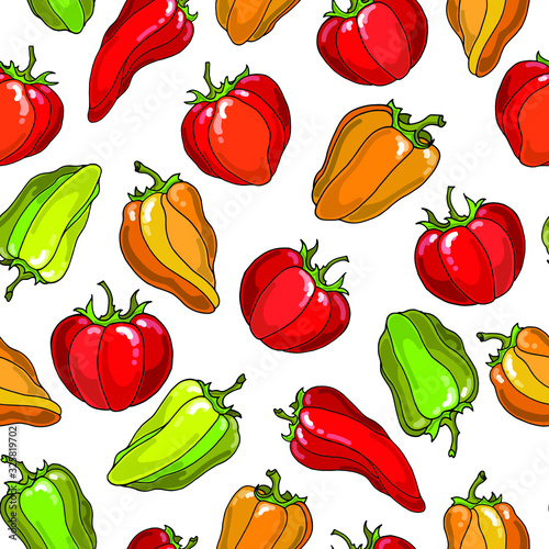 Vector seamless pattern with fresh , ripe, raw colorful red, green, yellow vegetables. Tomatos and peppers. Hand drawn food design for textile, fabric, wallpaper, wrapping paper.