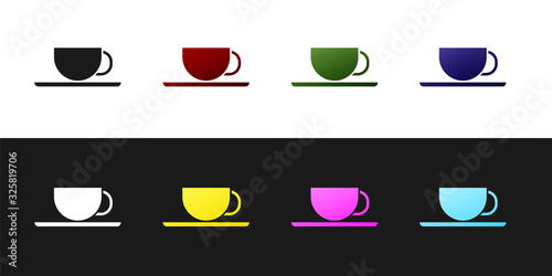 Set Coffee cup icon isolated on black and white background. Tea cup. Hot drink coffee. Vector Illustration