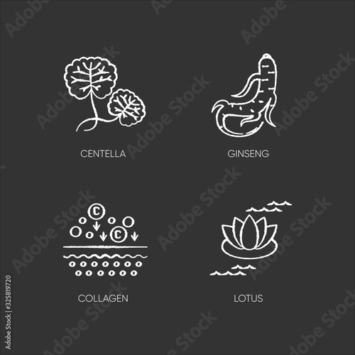 Cosmetic ingredient chalk white icons set on black background. Centella plant. Ginseng root. Collagen formula. Lotus flower. Skincare treatment. Isolated vector chalkboard illustrations