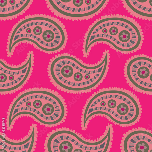 Paisley on pink-Paisley Dreams seamless repeat pattern. Colorful paisley pattern in green,yellow and pink. Surface pattern design Perfect for fabric, scrap book,