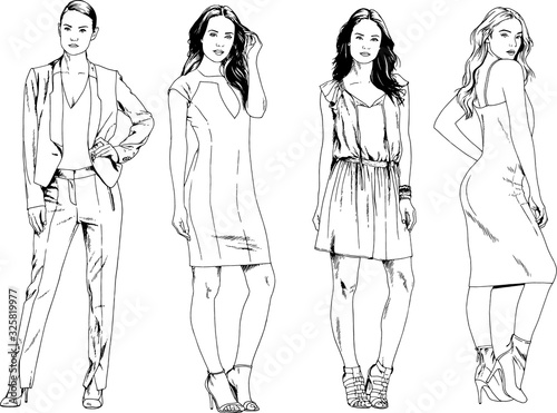 vector drawings on the theme of beautiful slim sporty girl in casual clothes in various poses painted ink hand sketch with no background