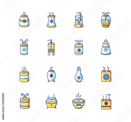 Air purifiers, humidifiers, ionizers blue, yellow and red RGB color icons set. Climate control devices, household appliances, indoor humidity regulators. Isolated vector illustrations