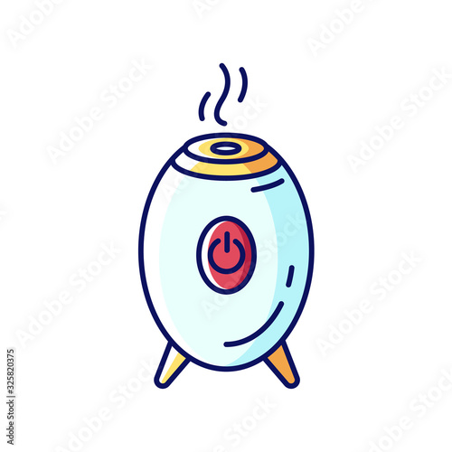 Air filter, steam humidifier blue, yellow and red RGB color icon. Water evaporation appliance, ionizer, purifier, air cleaning and conditioning device. Isolated vector illustration