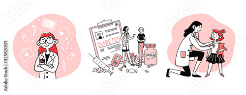 Medical diagnosis set. Child visiting doctor, diabetes treatment, therapy. Flat vector illustrations. Examination, hospital, healthcare concept for banner, website design or landing web page