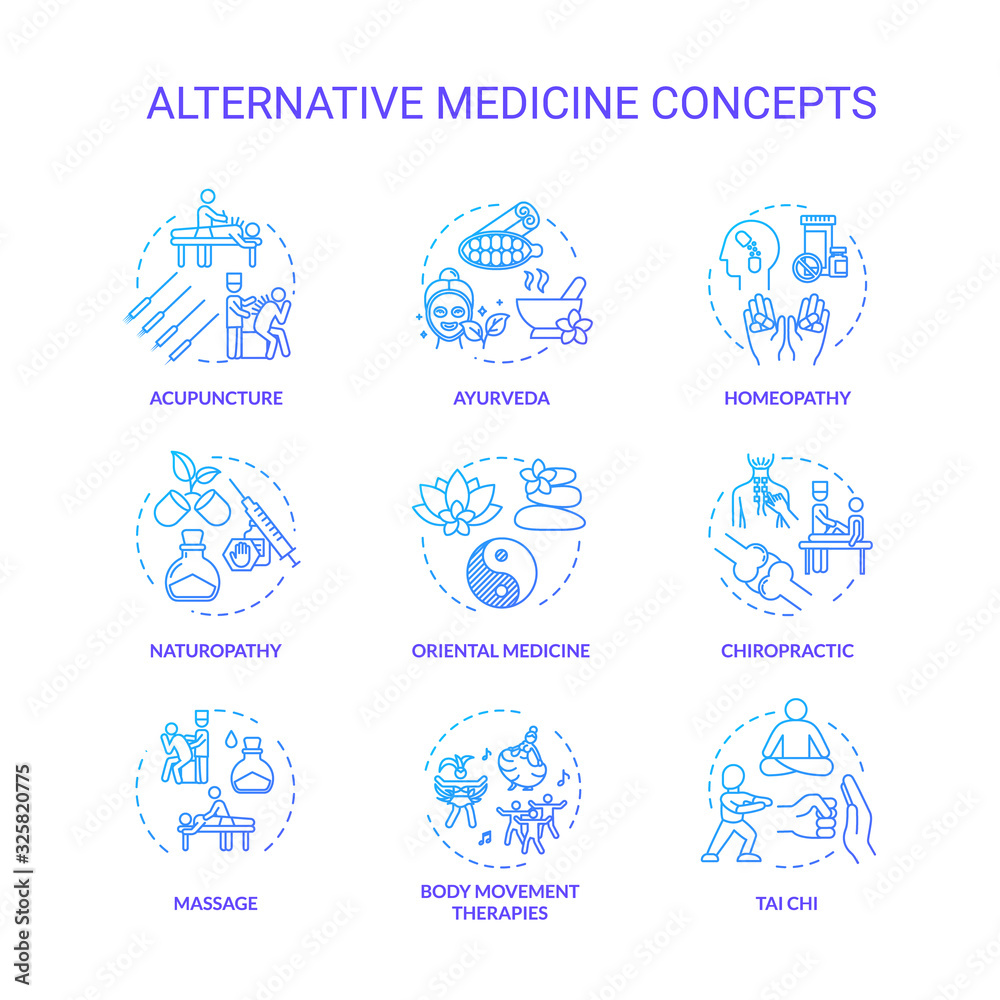 Alternative medicine concept icons set. Complementary, holistic therapies idea thin line RGB color illustrations. Physical and spiritual healing techniques. Vector isolated outline drawings