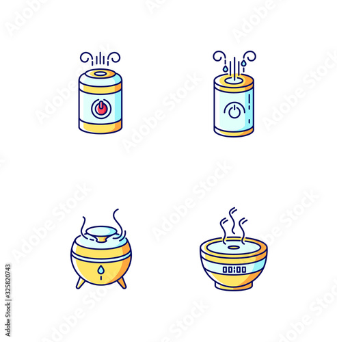 Air humidifiers, oil diffusers blue, yellow and red RGB color icons set. Minimalistic air purifiers, climate control appliances, premises humidity regulators. Isolated vector illustrations