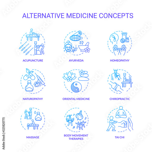Alternative medicine concept icons set. Complementary, holistic therapies idea thin line RGB color illustrations. Physical and spiritual healing techniques. Vector isolated outline drawings