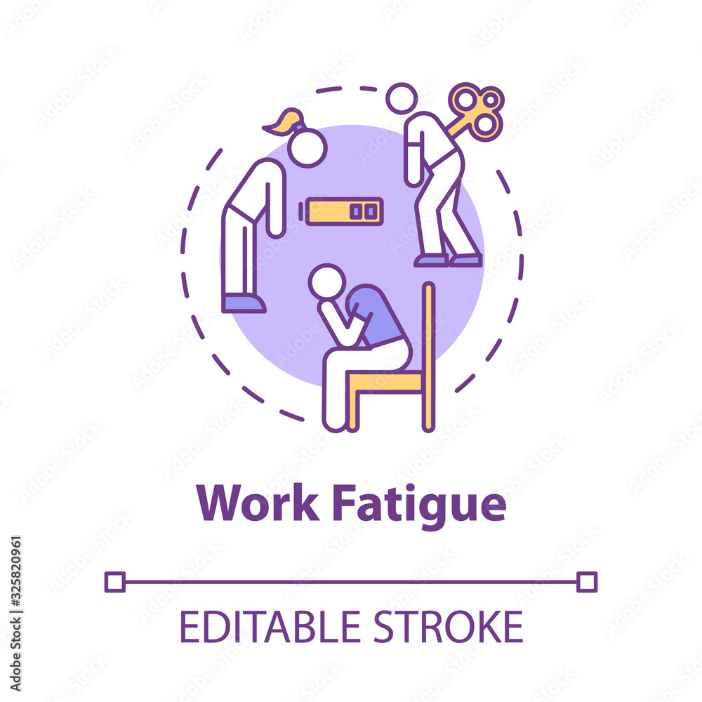 Work fatigue concept icon. Unhappy worker. Chronic exhaustion. Depressed person. Burnout symptom idea thin line illustration. Vector isolated outline RGB color drawing. Editable stroke Work fatigue concept icon. Unhappy worker. Chronic exhaustion. Depressed person. Burnout symptom idea thin line illustration. Vector isolated outline RGB color drawing. Editable stroke
