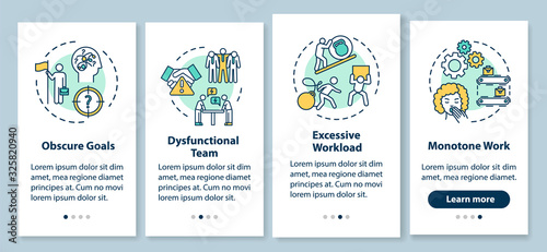 Burnout causes onboarding mobile app page screen with concepts. Monotone work. Excessive workload walkthrough 4 steps graphic instructions. UI vector template with RGB color illustrations