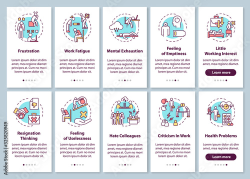 Burnout onboarding mobile app page screen with concepts. Criticism from colleagues. Work fatigue walkthrough 5 steps graphic instructions. UI vector template with RGB color illustrations © bsd studio